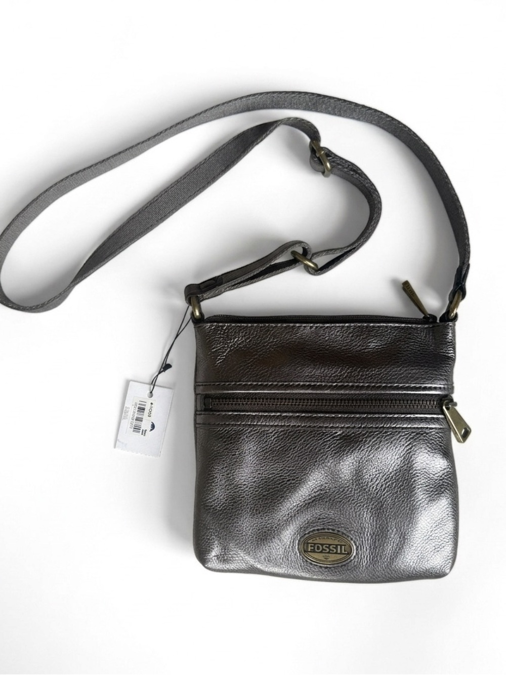 VINTAGE Fossil Metallic Gray Leather Crossbody Explorer Bag